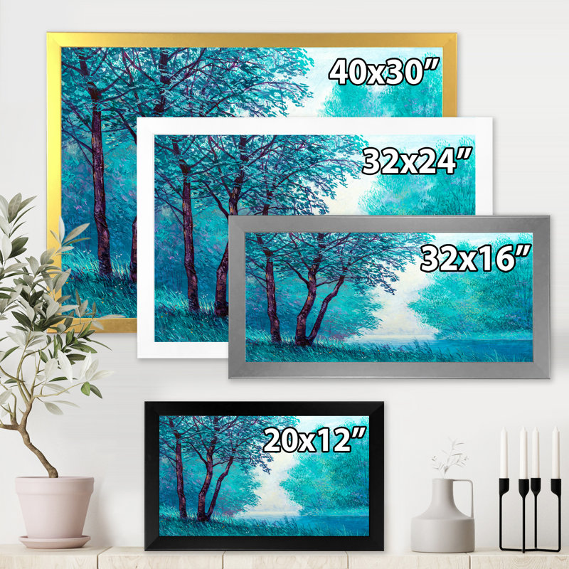 «Blue Colored Tree Impression III», peinture sur toile, Encadrement doré, H 12 po x l 20 po x p 1 po