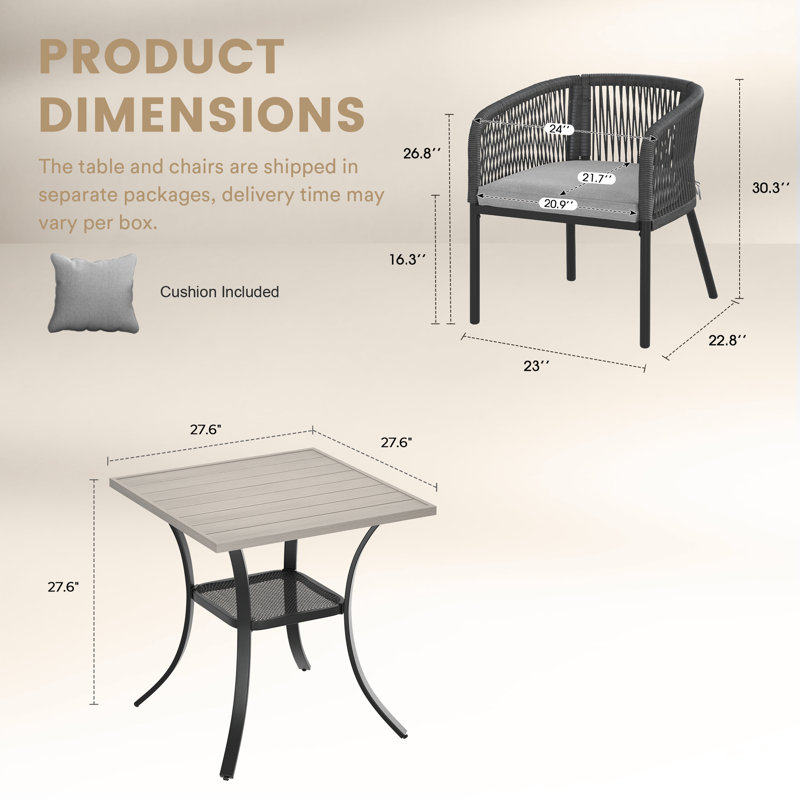 Ensemble repas d'extérieur carré pour 4 personnes avec fauteuils et coussins en rotin PE, Gray Woodlike/Gray