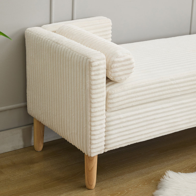 Upholstered Flip Top Storage Bench With Bolster Pillows, Ivory
