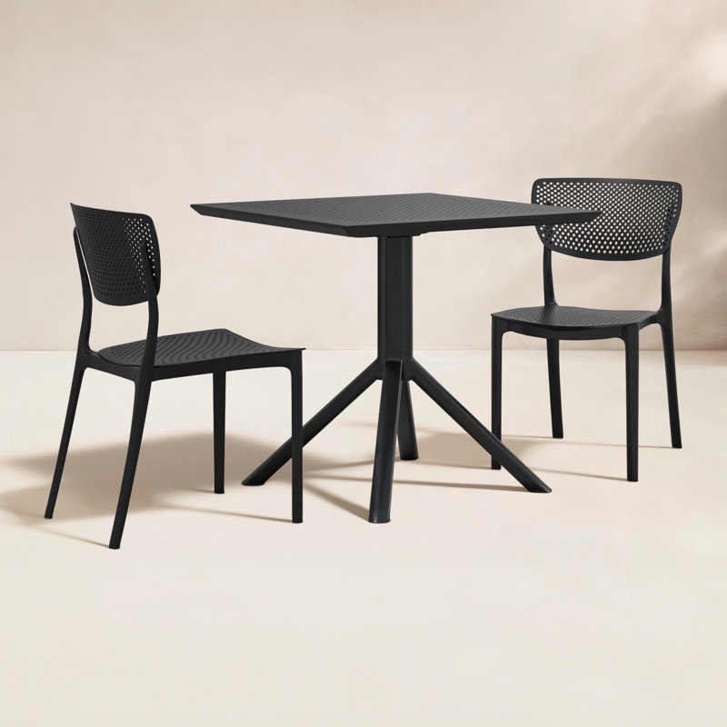 Farrah Square Stackable Plastic 3-Piece Patio Dining Set, 29.5" H x 27.5" L x 27.5" W, Black