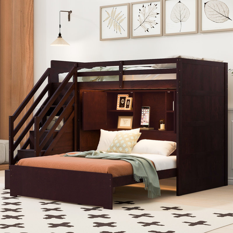Lit superposé simple au-dessus d'un lit double avec escalier de rangement, garde-robe, USB et Ligh, espresso, Espresso