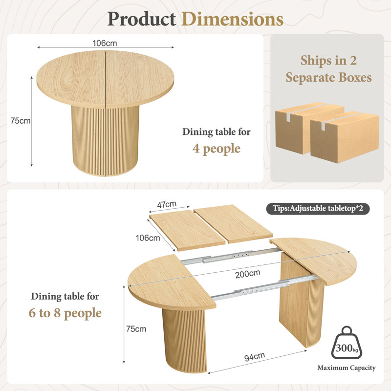 Extendable Oval Dining Table With Fluted Base, Oak