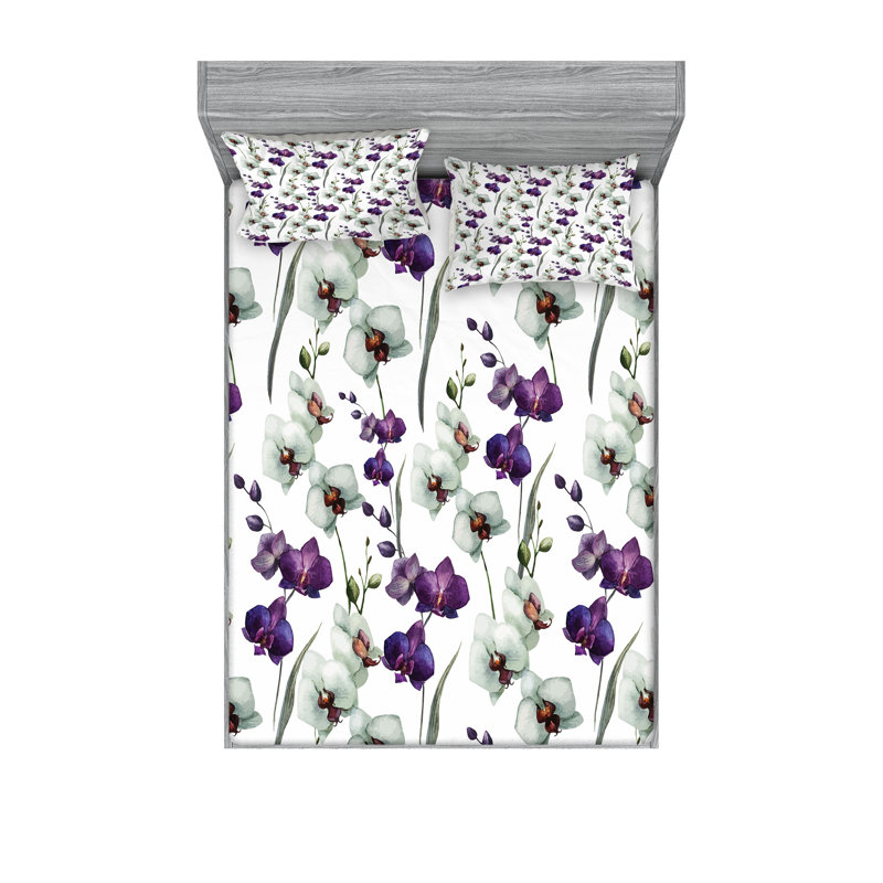 Ambesonne Flower Fitted Sheet & Pillow Sham Purple White, Full Sheet Set + 5 Additional Pieces