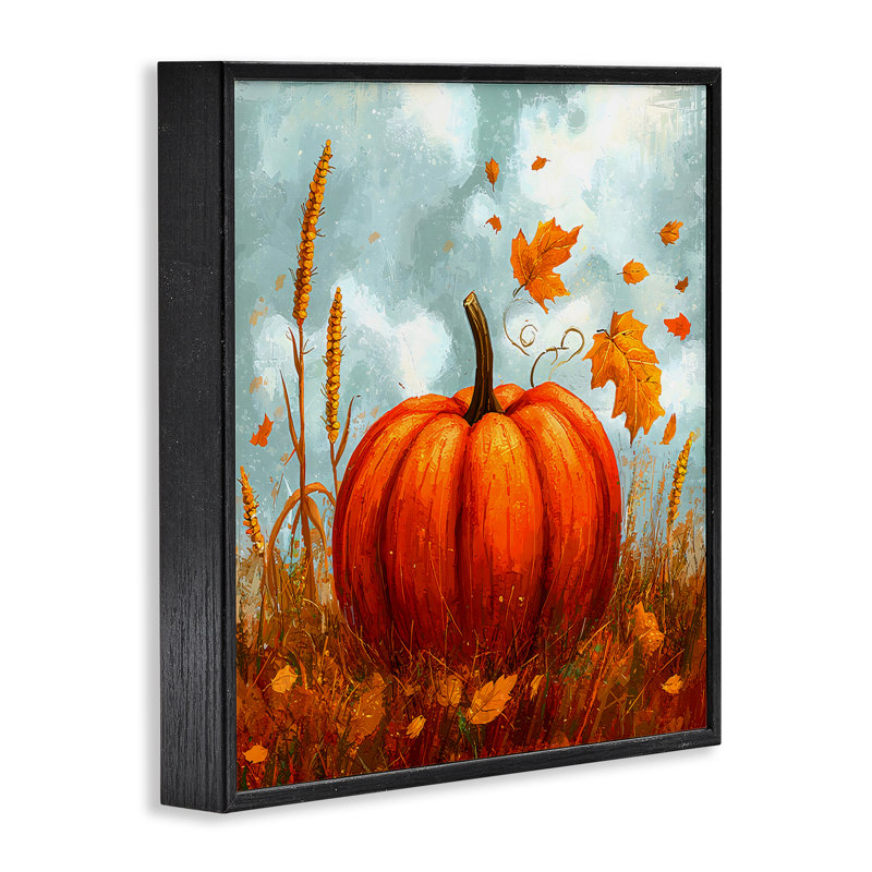 Citrouille et feuilles tombantes, estampe numérique, design by Creative Studio, Giclée encadrée noir minuit