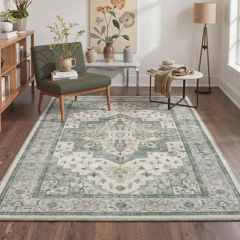 Aurelia Vintage Floral Machine Washable Green / Beige Indoor Area Rug with Non-Slip Backing, Rectangle 9' x 12'
