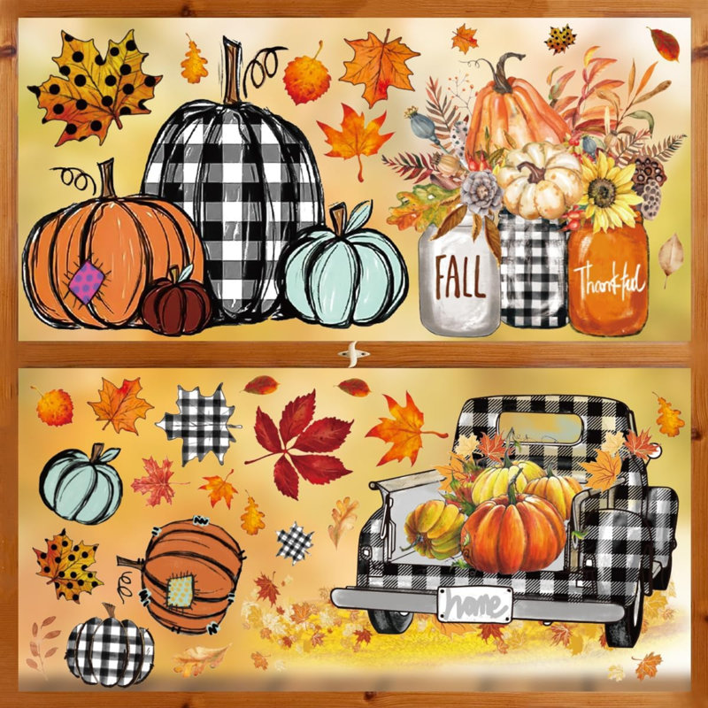 108 autocollants de fenêtre sur le thème de l'automne : citrouilles, camions et feuilles colorées, pour décorer la maison, les fêtes et les vitrines.