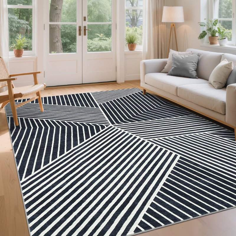 Machine Washable Rug for Living Rooms, Contemporary Stripe Printed Carpet, Soft Non Shedding Floor Covering for Bedroom Dining Room Office
