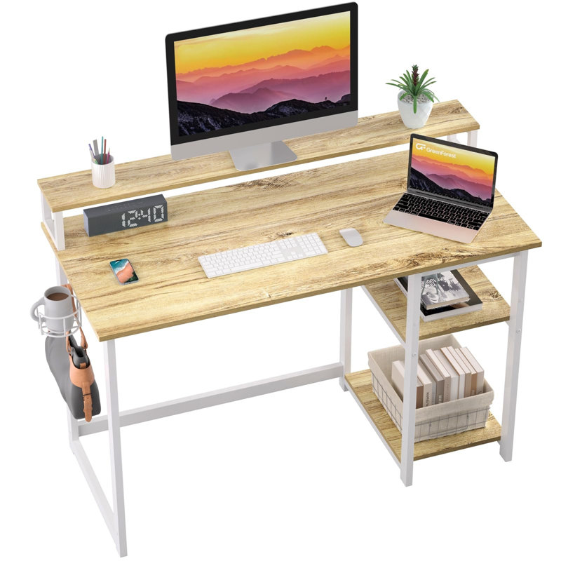 Computer Desk With Full Monitor Stand And Reversible Storage Shelf, 100 Cm, Beige