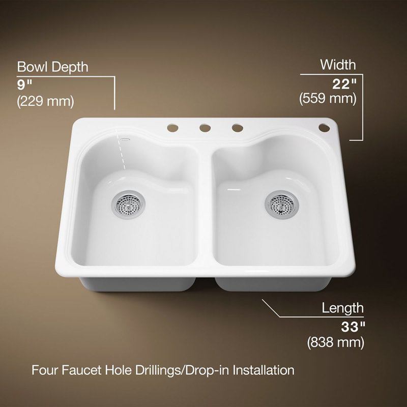 Hartland 33" L x 22" W x 9-5/8" Double Basin Drop-In Kitchen Sink, White, 4 Hole