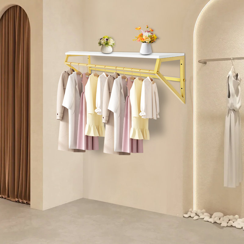 41.3in Clothes Rack With Top Shelf, Industrial Pipe Wall Mounted Garment Rack, Space-Saving Display Hanging Clothes Rack, Heavy Duty Detachable Multi-Purpose Hanging Rod