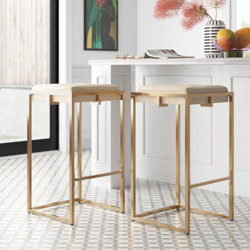 Simmerman Upholstered Counter Stool with Metal Frame, Beige Velvet, Bar Stool (30" Seat Height)