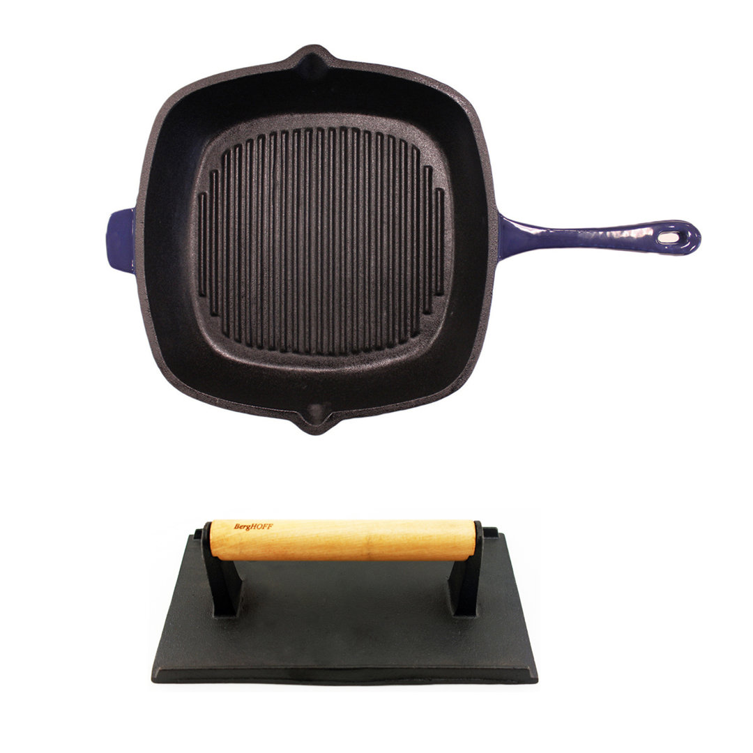 BergHOFF Neo Cast Iron 2 Piece Grill Pan & Bacon Steak Press Set BergHOFF