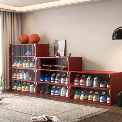 Led Red Shoe Box Storage - Stores Up To 6 Sneakers, 30.94 In. Deep, Particle Board, Built-In Lighting Glass Door With Fits Pairs Of Abs+Pc Filler, 39.05 Lb, American Design