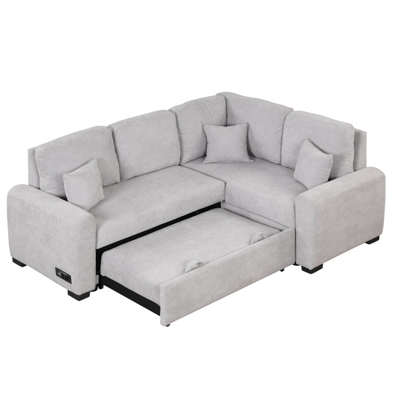 Canapé-lit modulaire moderne de 76,7 po avec port de charge USB et prise de courant, canapé-lit coulissant avec 3 coussins, méridienne en L