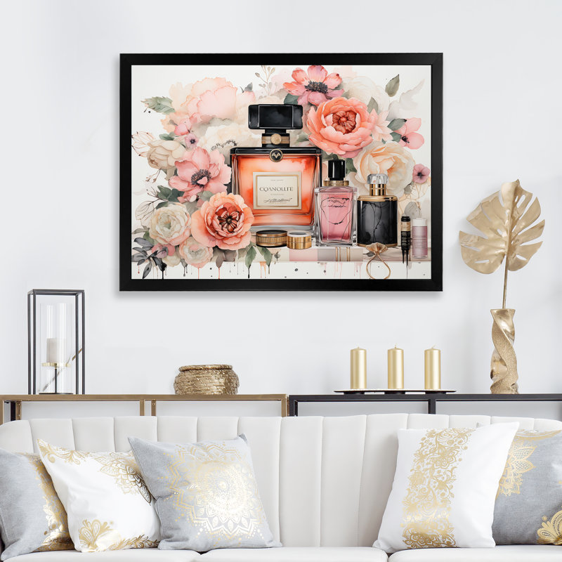 «Pink Fragrant Impressions Perfumes», art mural parfums, Cadre d'angle fermé noir, H 30 po x l 40 po x P 1,5 po