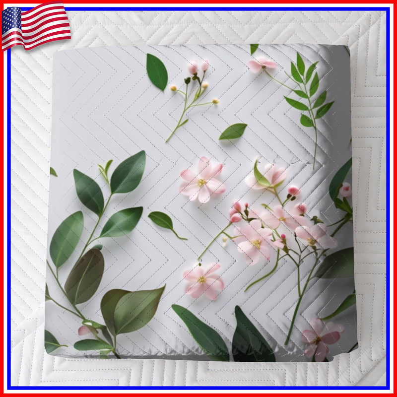 Pink Flowers Green Leaves Quilted Bedspread All Sizes, Full / Double