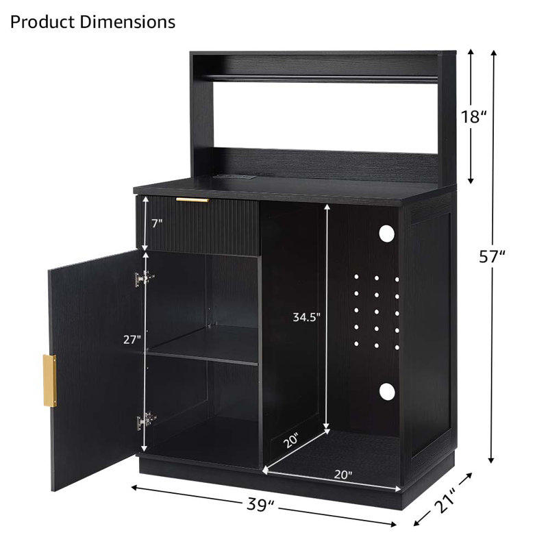 Armoire à café avec huche et mini-réfrigérateur, mini-support de réfrigérateur avec prise de courant, buffet moderne à cannelures avec rangement pour la cuisine, salle à manger, noir