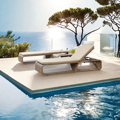 Outdoor Pool Lounge Chair With PE Wicker Outdoor Wicker Chaise Lounge Set with Table , Cushion Included