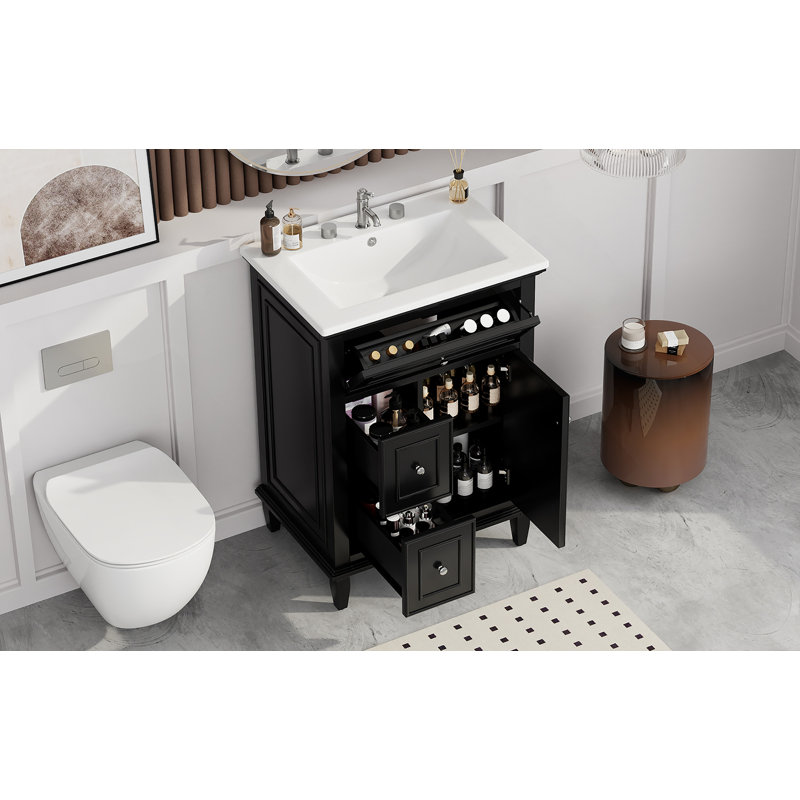 Bathroom Vanity With Sink, Bathroom Vanity Cabinet With Adjustable Shelf, One Flip Drawer And Two Drawers, Black