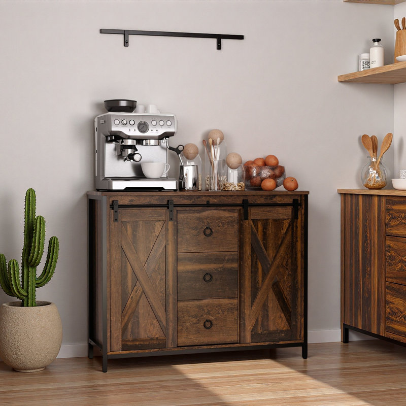 Buffet, armoire de cuisine avec portes de grange, 3 tiroirs et tablettes réglables pour le salon