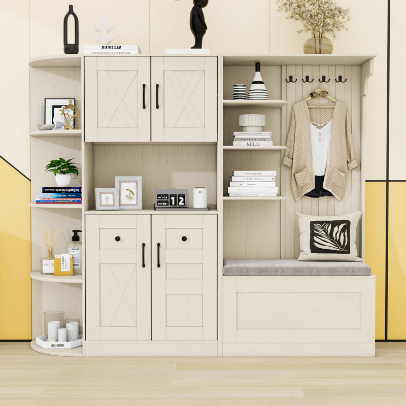Storage Cabinet and Hall Tree Combination, with Hooks, Storage Cabinet, Open Shelves and Shoe Bench, Beige
