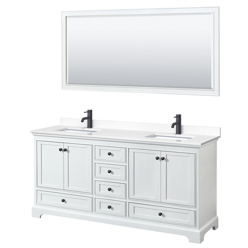Deborah 72'' Double Bathroom Vanity with Marble Top, White, Carrara Cultured Marble, Brushed Gold