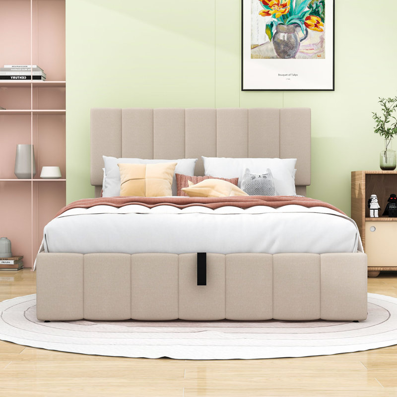 Pearce Upholstered Platform Bed with Storage, Full, Beige