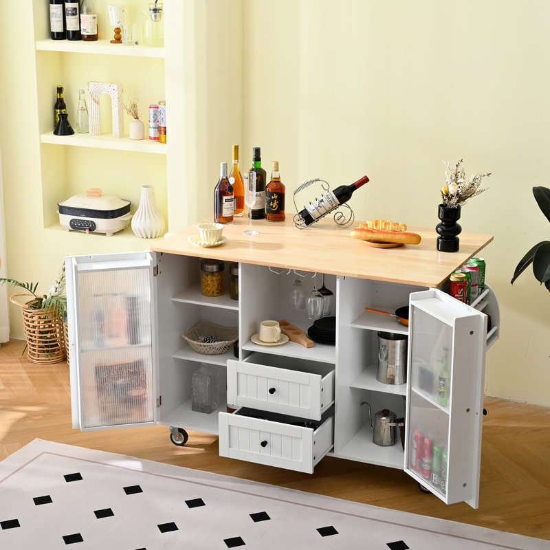 Chariot pour îlot de cuisine avec comptoir rabattable, 2 tiroirs, unité de porte, serviette et épice, blanc, surface de travail de 48,32 po de long et facile à déplacer, espace de rangement, blanc, comptoir en bois d'hévéa,