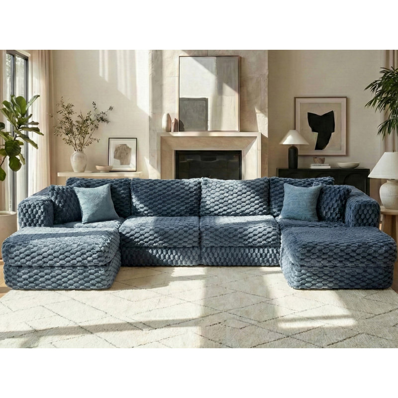 135'' Upholstered Boneless U-Shape Sectional With Ottomans, No Assembly Required, Blue Polyester