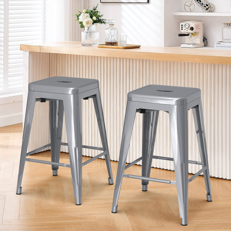 Stackable Metal Bar Stools Set of 2, Counter Height Bar Stools 24 Inches Industrial Bar Chairs Patio Stool, Backless Stool Indoor Outdoor Classroom Kitchen Stools Bar Chairs