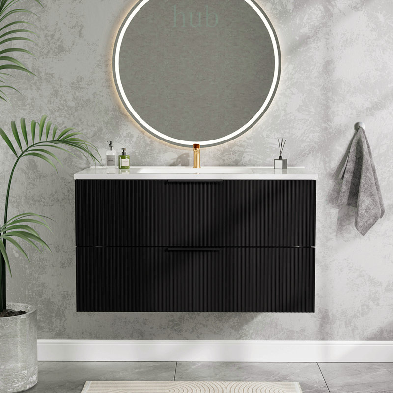 Meuble-lavabo flottant mural 36 po avec lavabo et tiroirs en céramique, conception cannelée moderne