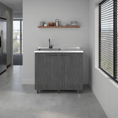 Alatna Freestanding Utility Base Cabinet With Stainless Steel Countertop, 2-Door And Faucet Included, Smokey Oak