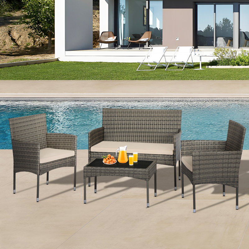 Patio Furniture Outdoor Furniture Set 4 Pieces Modular Patio Furniture Set Weather Resistance Conversation Set With 3 Rattan Chairs And 1 Tempered Glass Topped Table For Backyard Patio Poolside, Khaki
