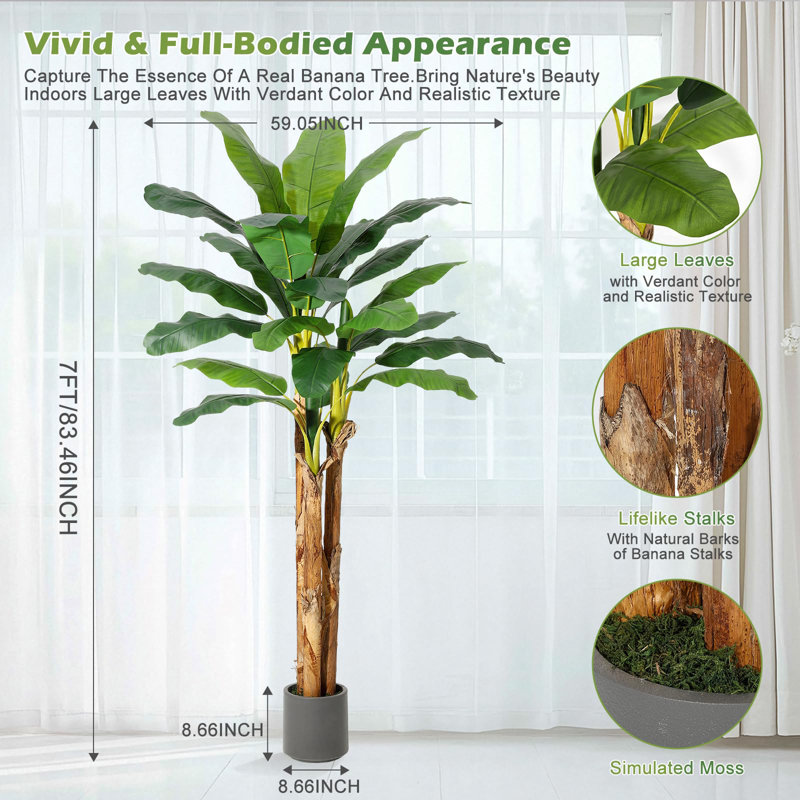 Artificial Banana Tree, Faux Banana Tree With Grey Planter, 84" H x 7.08" W x 7.08" D