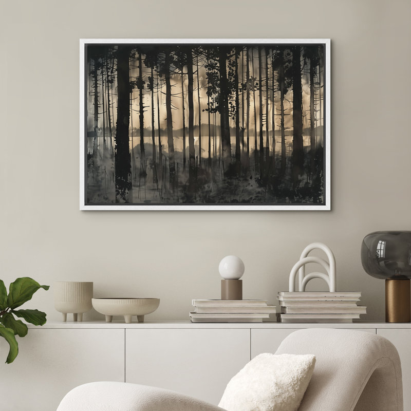 Moody Black Forest Silhouette Lake View Wall Decor Framed Canvas Master Bedroom Wall Art Work Print, 24" H x 36" W x 1.5" D