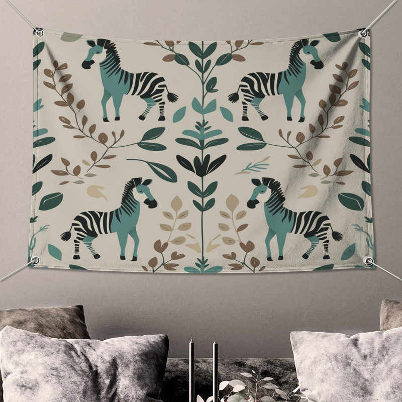 Tapisserie murale à motif de feuilles de zèbre - Décoration murale zèbre, H 104 po x 88 avec 4 œillets