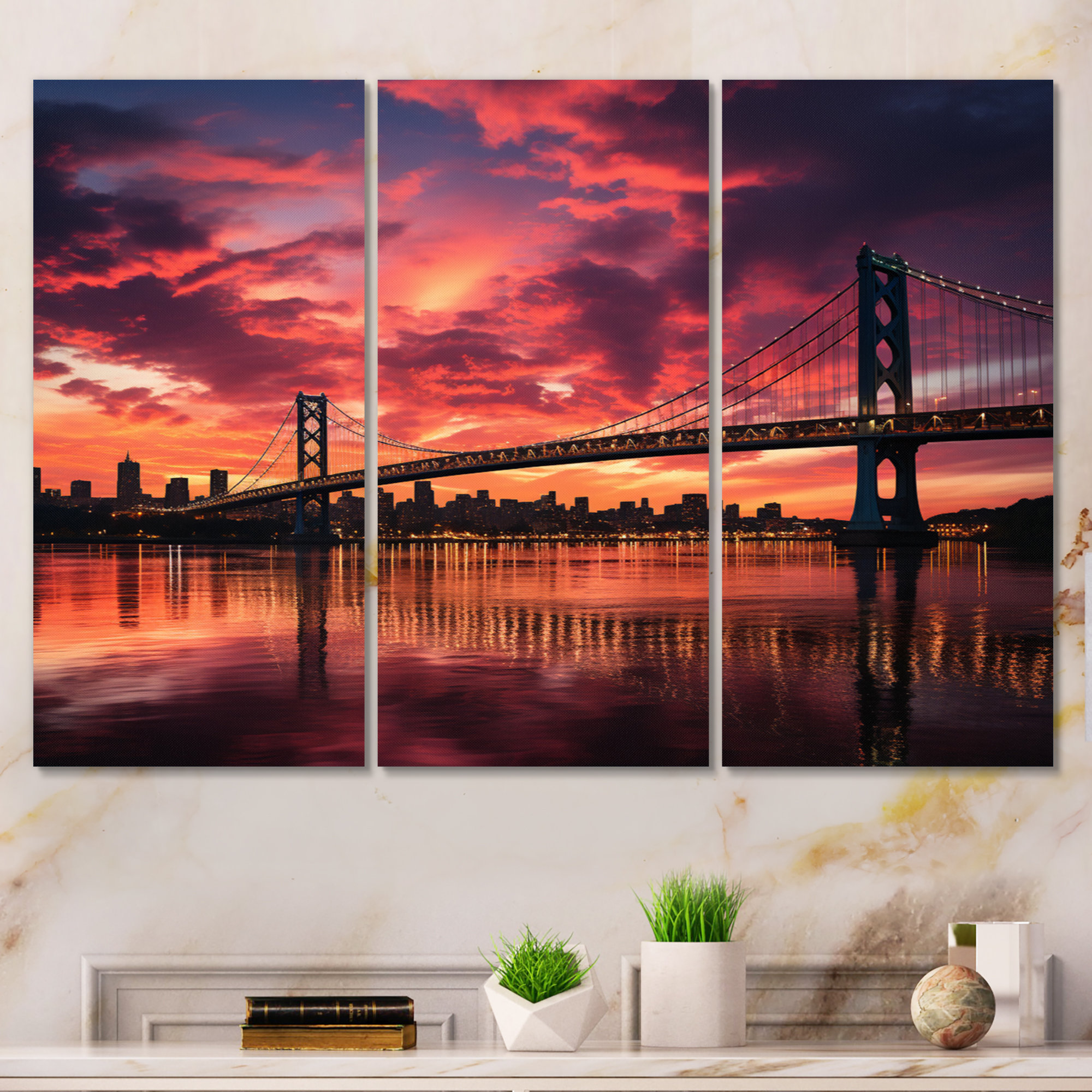 Winston Porter Pink Bridge Landscape - Architecture Canvas Wall Art Set ...