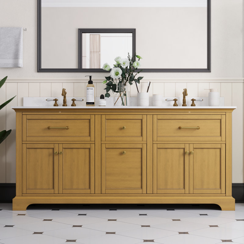 72" Walnut Freestanding Double Bathroom Vanity with Marble Top
