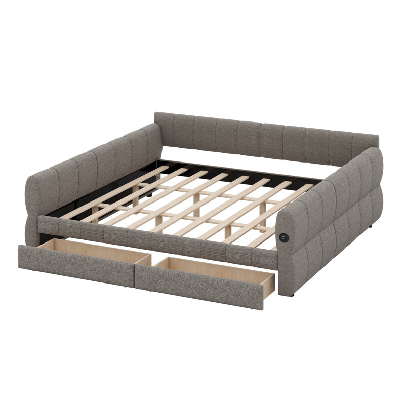 King Size Upholstered Platform Bed Frame With USB Ports & 2 Storage Drawers, Modern Lambswool Fabric Daybed Frame With Armrests
