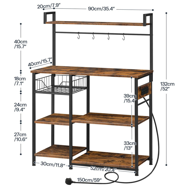 Kitchen Storage Rack With Power Outlet, Bakers Rack, Coffee Station  Microwave Stand With Storage Shelves, Easy To Assemble, Rustic Brown And Black