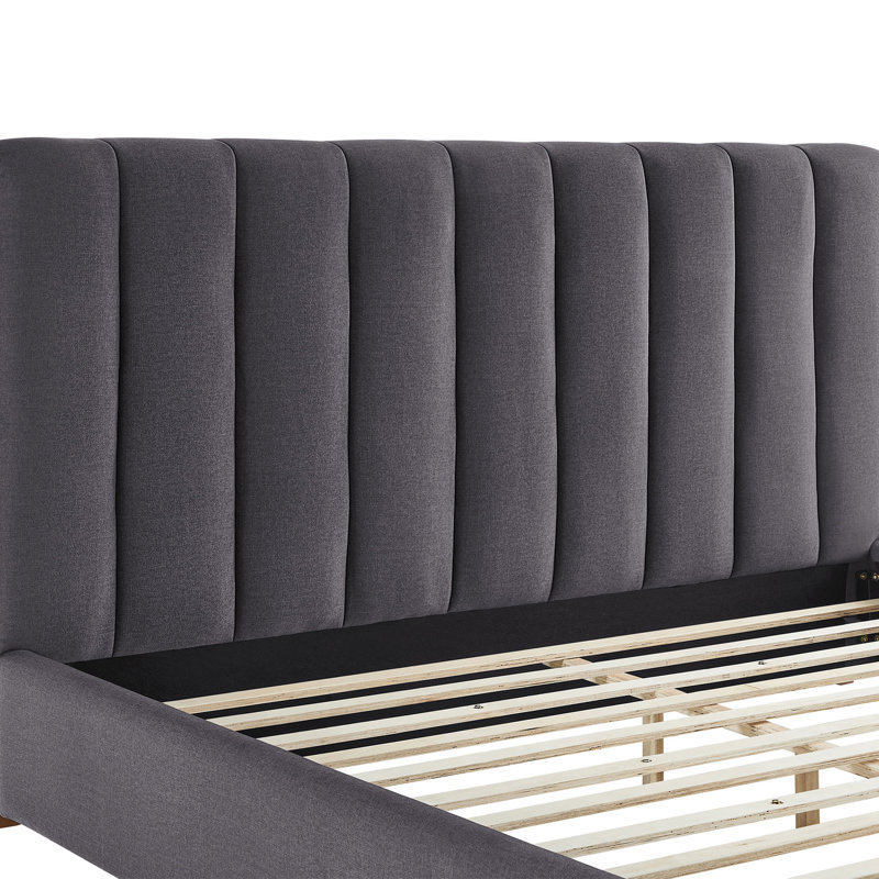Grand lit plateforme tapissier avec tête de lit en tissu et support en lattes de bois, Grand lit