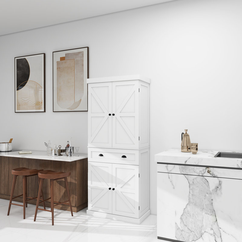 Armoire de cuisine 71 po en blanc. 4 portes, tiroir, 2 tablettes réglables. Améliore l'espace de rangement pour la salle à manger, le salon, les espaces de lavage pour la lessive. Design élégant, grand volume, peint, stable