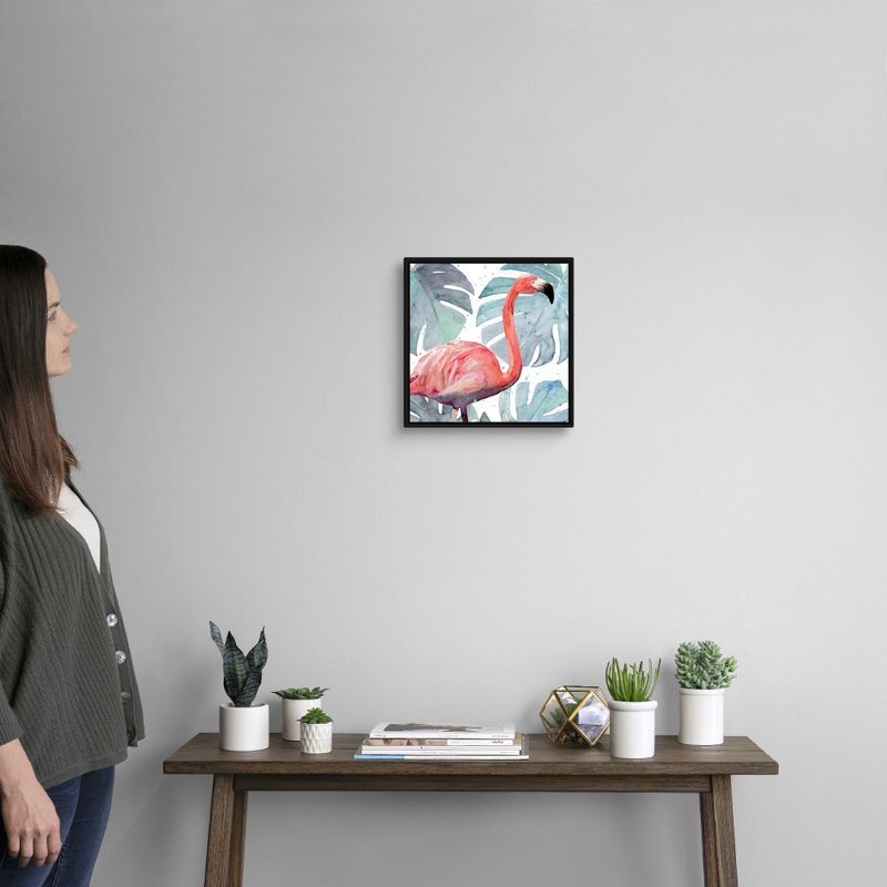 «Flamingo Splash I», art mural sur toile, Toile avec cadre noir, H 14 po x l 14 po