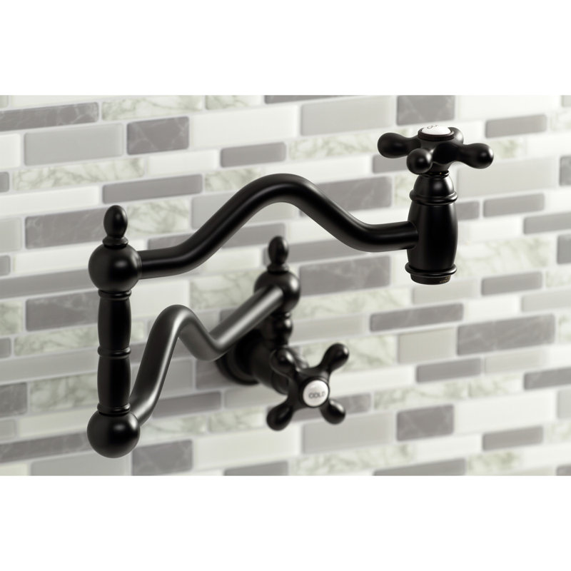 Kingston Brass Heritage Two-Handle 1-Hole Wall Mount Pot Filler Faucet, Matte Black, Porcelain Lever