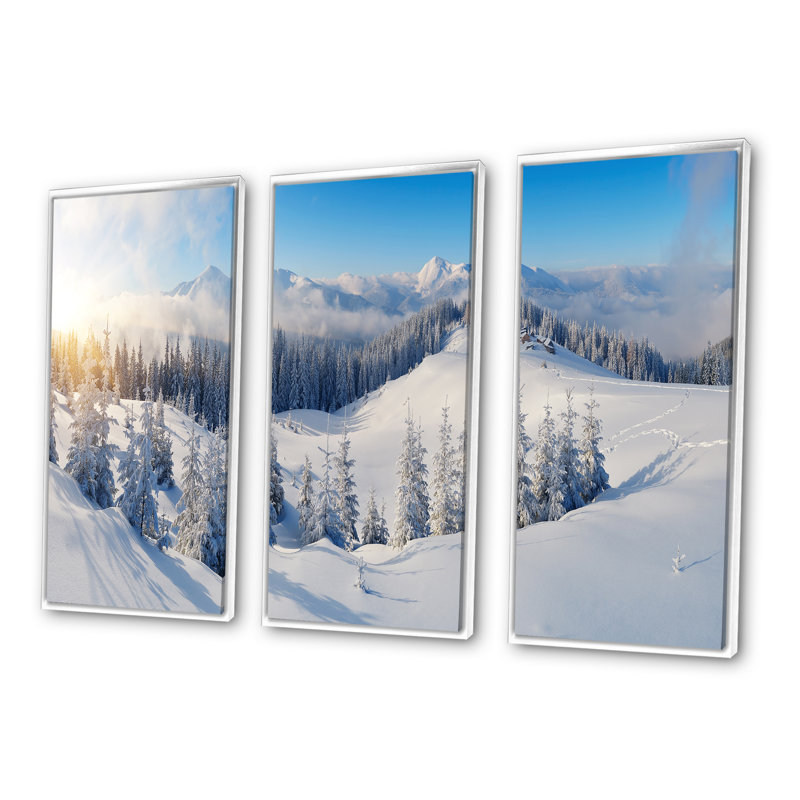 «Winter Mountains Panorama», ensemble de 3 toiles encadrées, H 20 po x l 36 po, Blanc