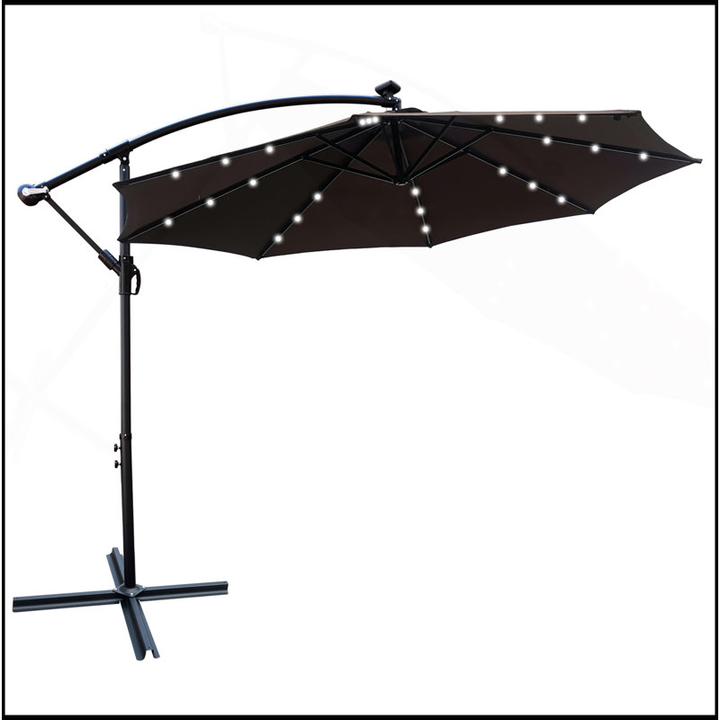 Parasol de terrasse à énergie solaire 10 pi avec parasol 8 lumières à DEL avec manivelle et base transversale pour terrasse de jardin et abri de piscine extérieur