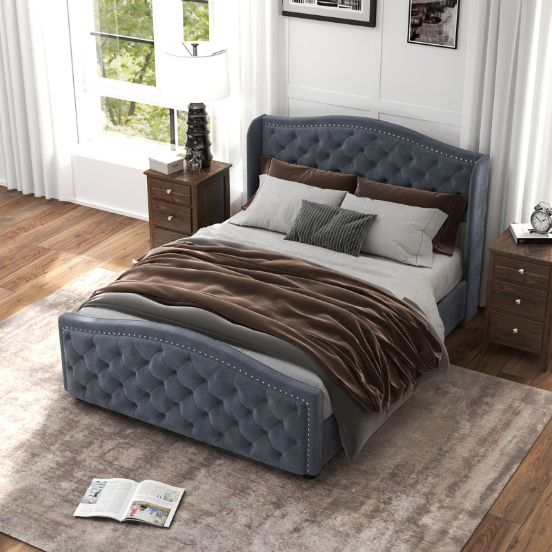 Kassaia Velvet Platform Bed with Tufted Headboard