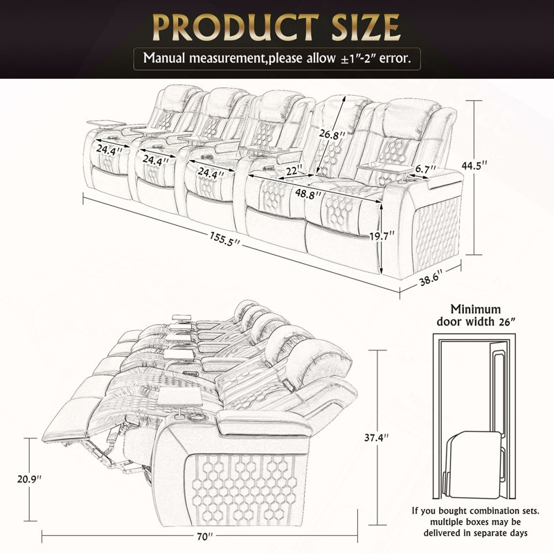 155.5"Power Recliner 5 PC Made WithTop-Grain Nappa,Fully Adjustable Relaxation,Smart Charging,Dynamic RGB LED Lighting,COFFEE
