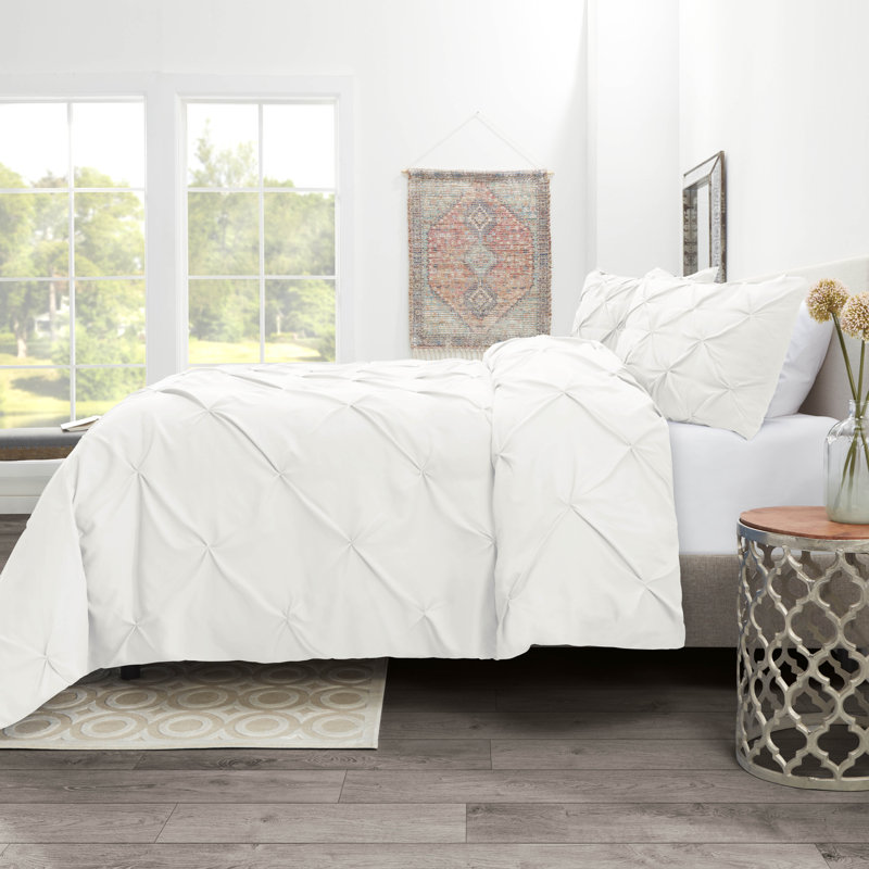 Double Brushed Pleated Duvet Cover Set, White, King Duvet Cover + 2 King Pillowcases
