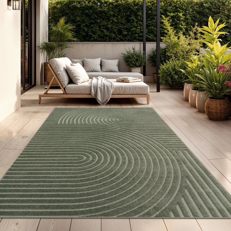 Modern Area Rug with Boho Line Pattern in Green, Rectangle 2'8" x 4'11"